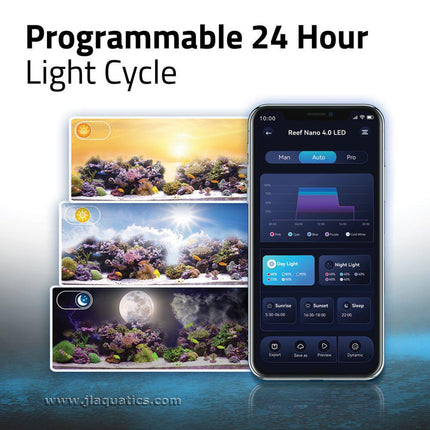 Fluval Reef 4.0 Nano LED Aquarium Light has the option of a programmable 24 hour light cycle.