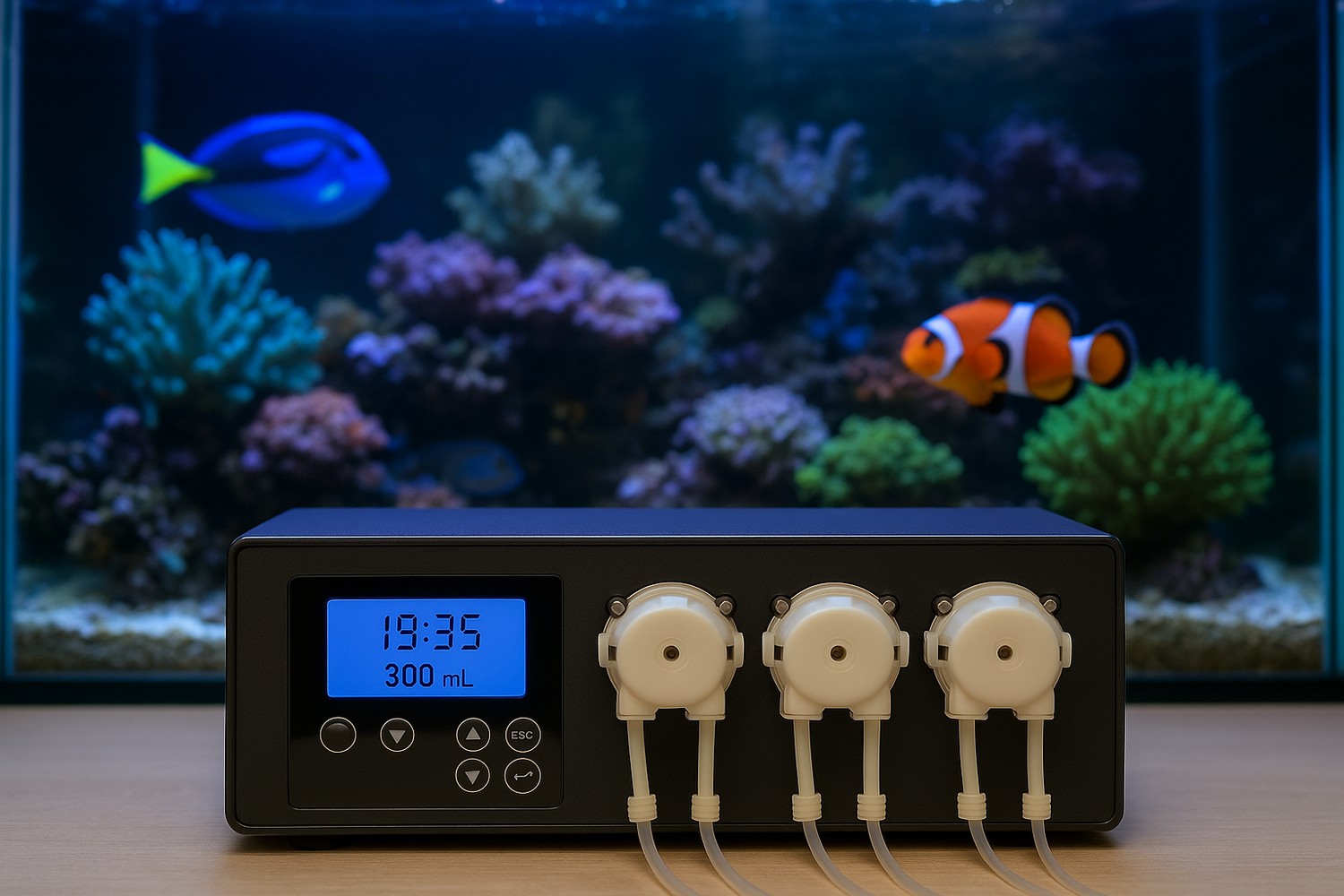 3 port aquarium doser in front of a saltwater aquarium.