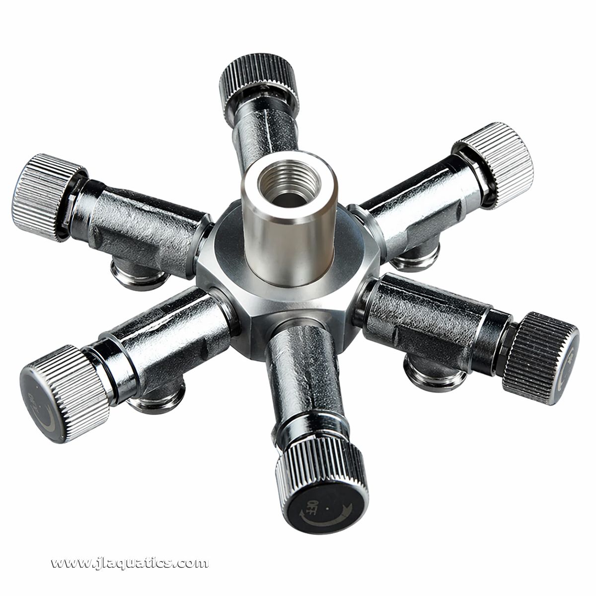Underside where the Reef Crest Aquarium 6 Way CO2 Splitter with Needle Valves mounts to the regulator.