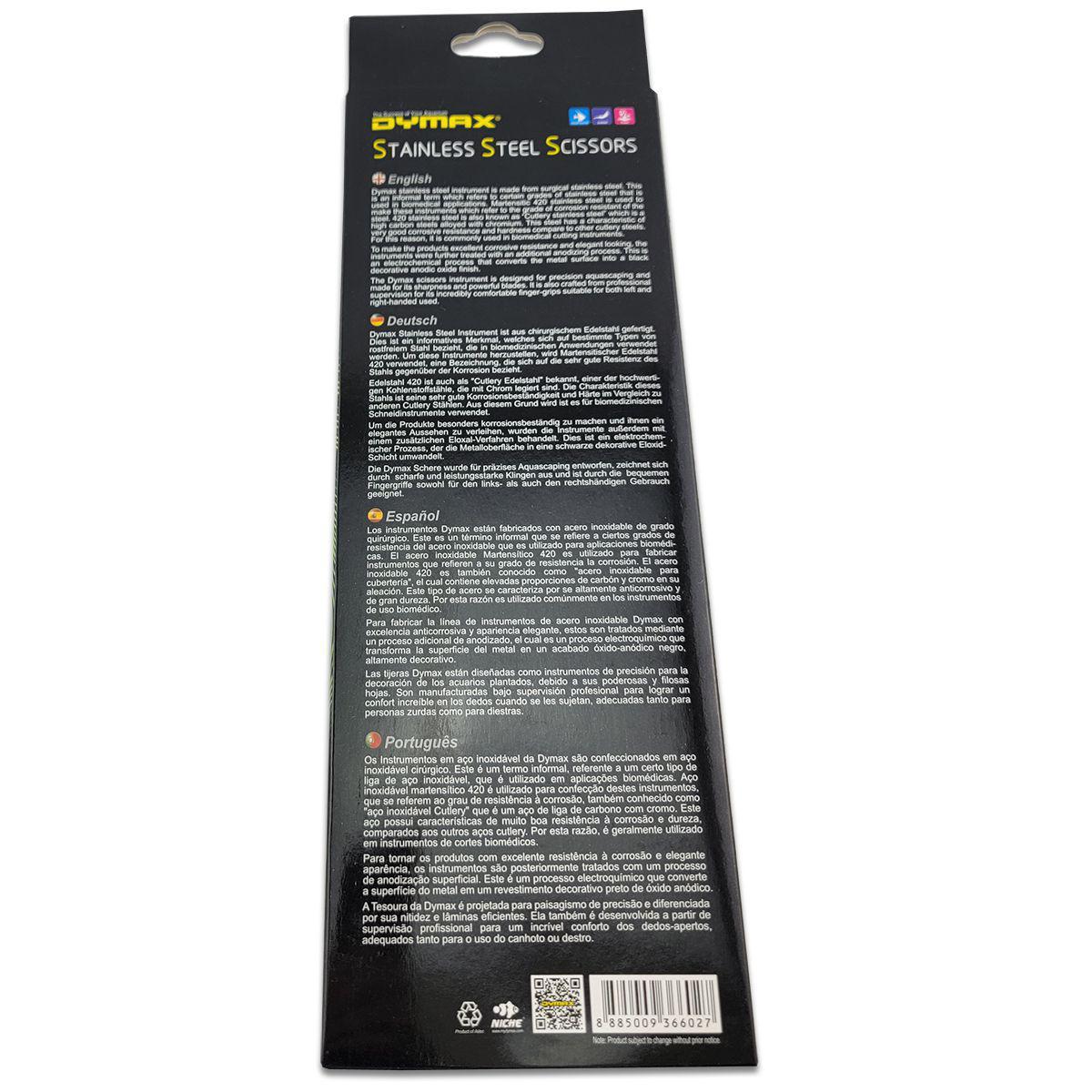 Dymax Stainless Steel Straight Scissors features in different languages