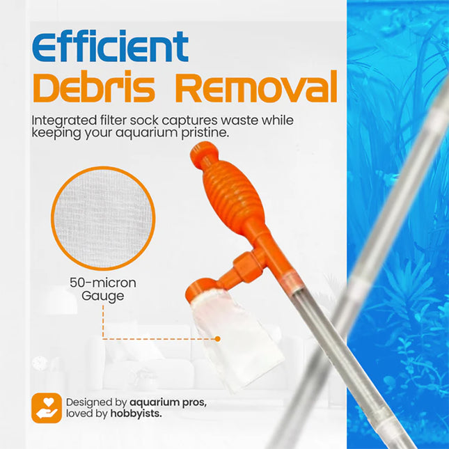 The Flipper AquaVac Gravel Cleaner has efficient debris removal with 50 micron gauge filter sock