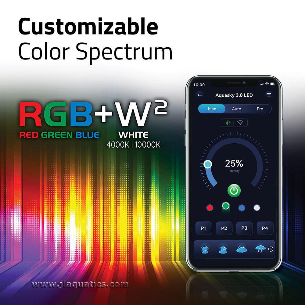 Fluval Aquasky 3.0 LED Aquarium Light offers a customizable color spectrum, of RGB and white.