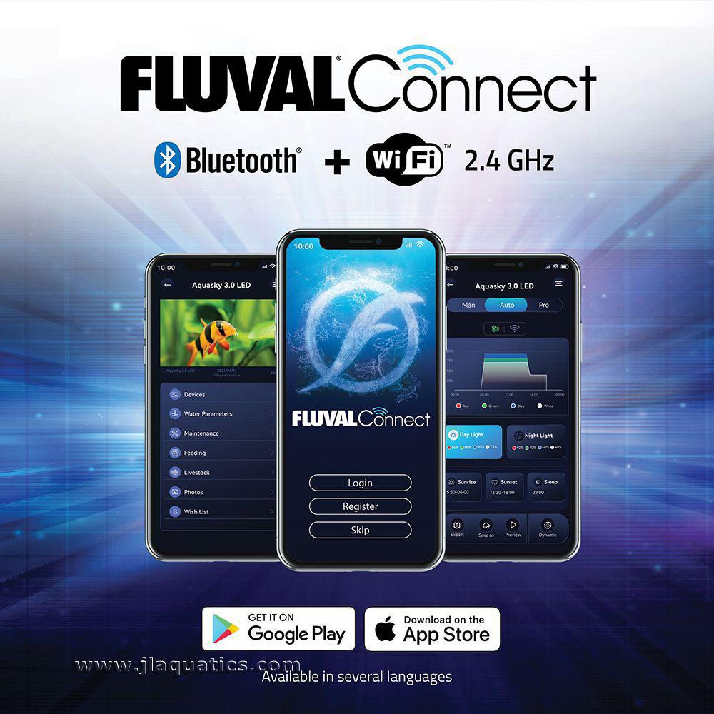 Fluval Aquasky 3.0 LED Aquarium Light functions with FluvalConnect app, using Wifi or Bluetooth.