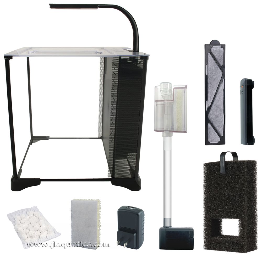 Fluval Betta Premium A quarium Kit includes 6 gallon etched glass aquarium, LED lighting canopy with touch control, Integrated filter with media, instruction manual, stylish black base and lid