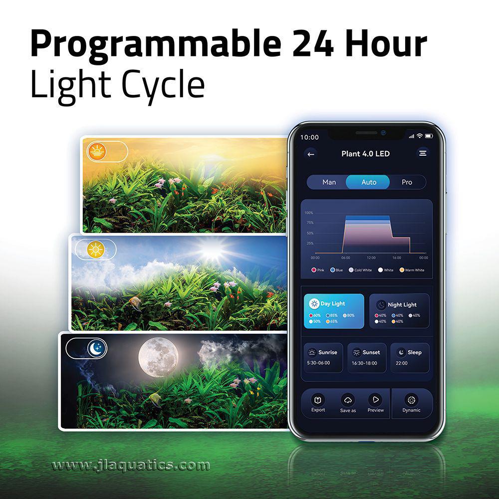 Fluval Plant 4.0 LED Aquarium Light has the option of a programmable 24 hour light cycle.