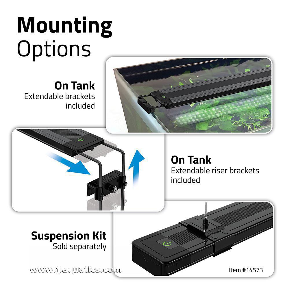 Mounting options for the Fluval Plant 4.0 LED Aquarium Light, including a suspension kit sold separately.