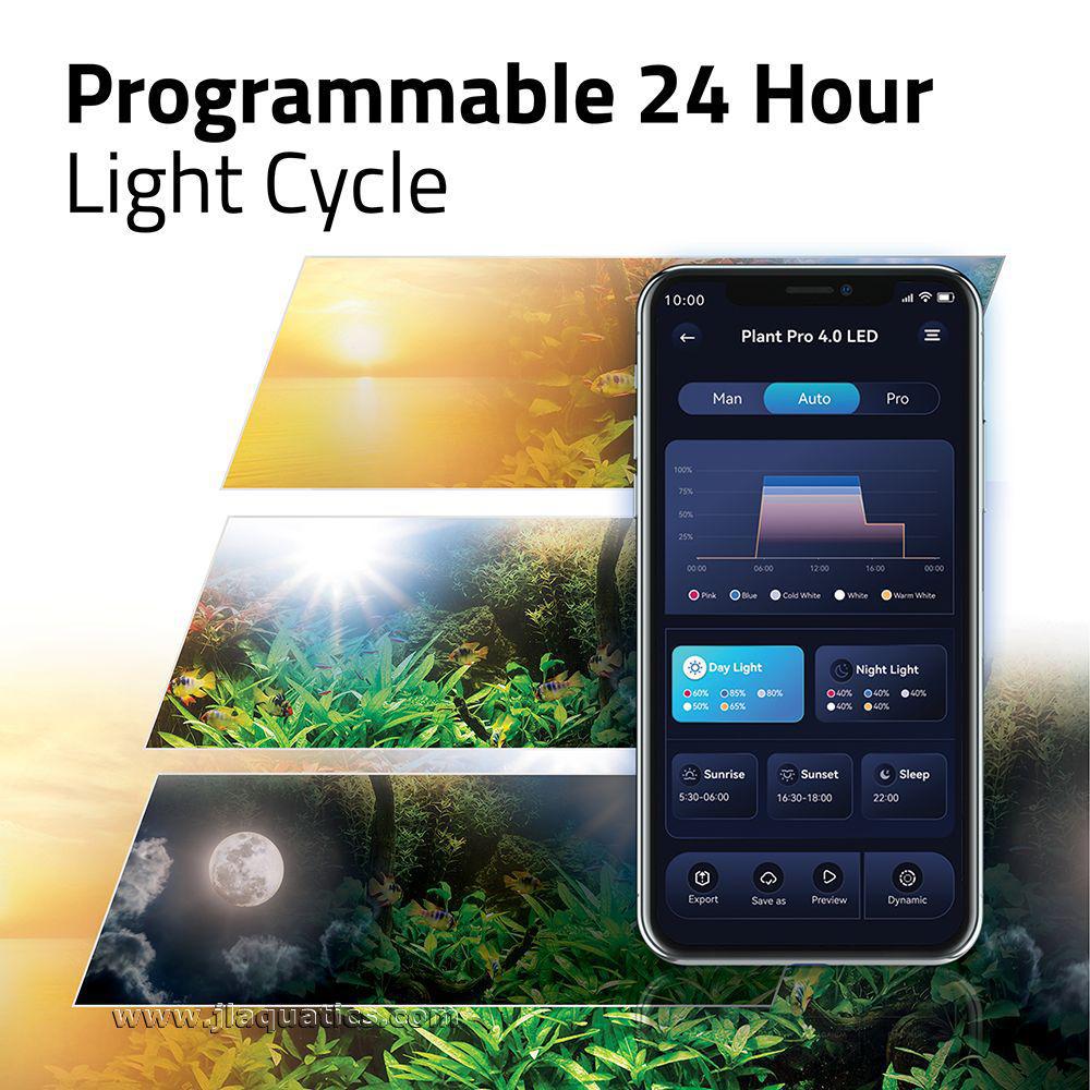 Fluval Plant Pro LED Aquarium Light has the option of a programmable 24 hour light cycle.