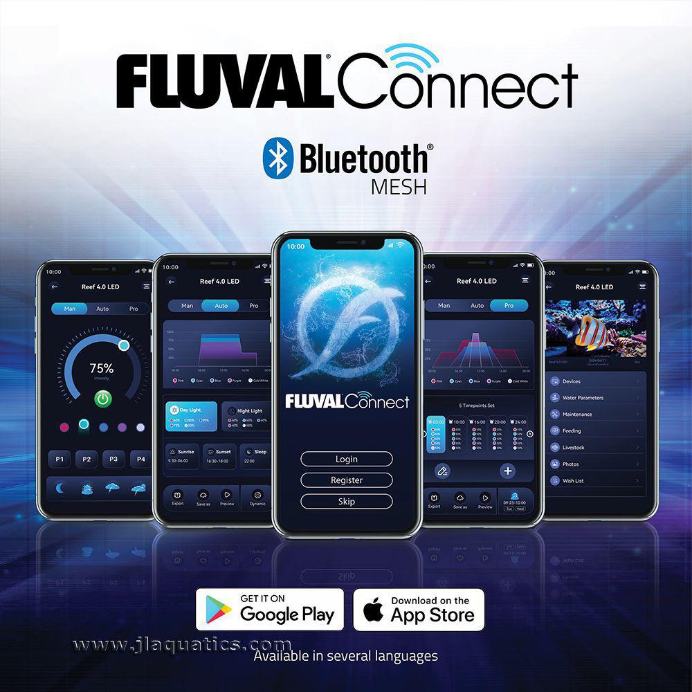 Fluval Reef 4.0 LED Aquarium Light functions with FluvalConnect app, using Wifi or Bluetooth.