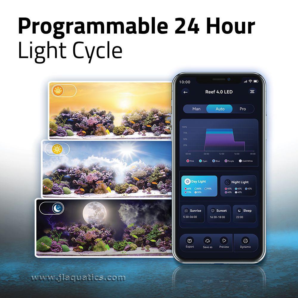Fluval Reef 4.0 LED Aquarium Light has the option of a programmable 24 hour light cycle.