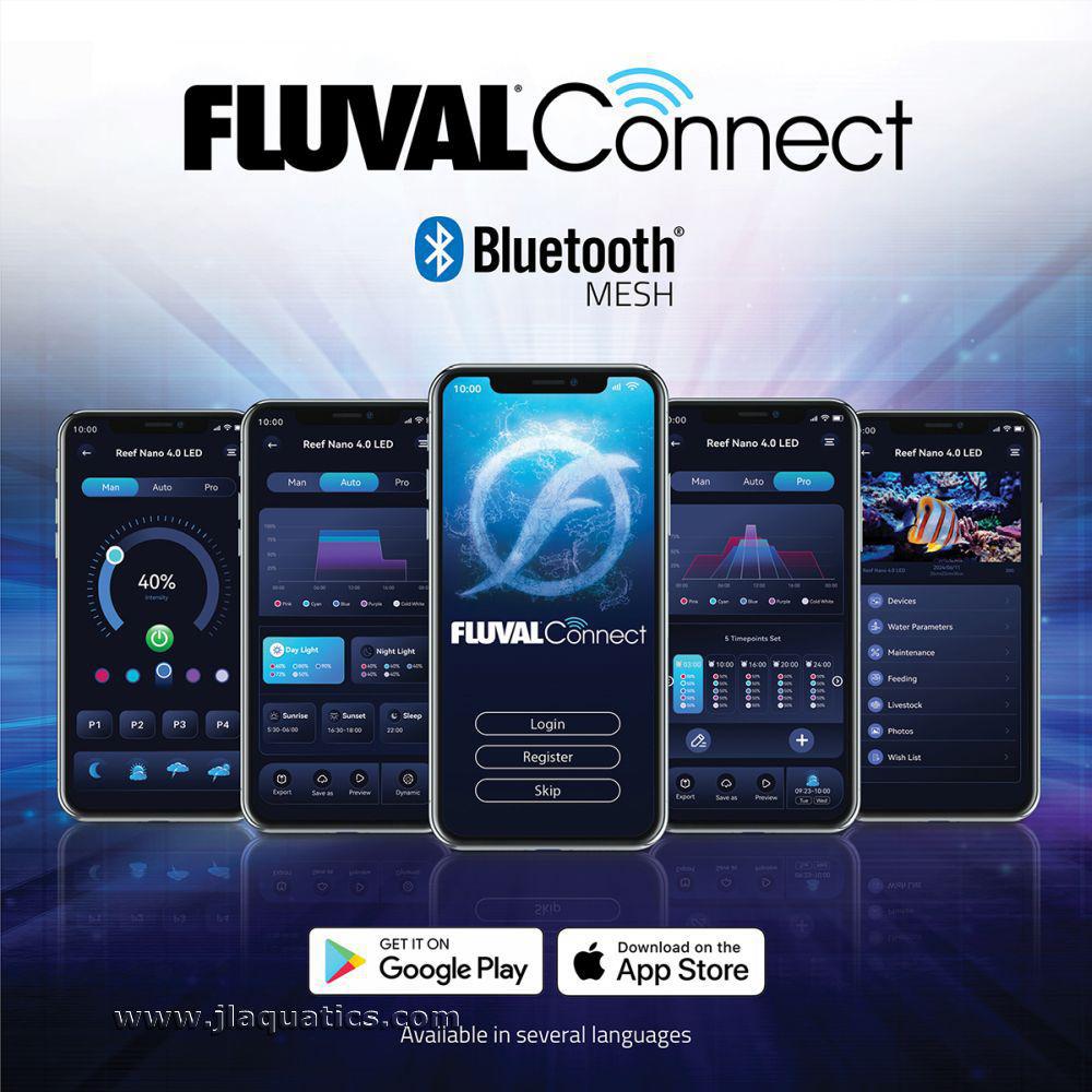 Fluval Reef 4.0 Nano LED Aquarium Light functions with FluvalConnect app, using Wifi or Bluetooth.