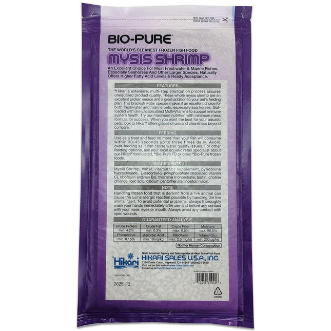 Hikari Frozen Mysis Shrimp - 16oz Flat features, feeding guide, and ingredients list