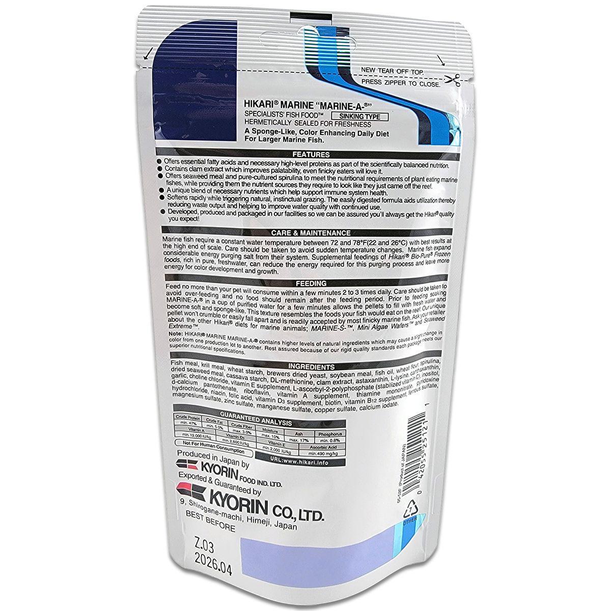 Hikari Marine A Pellet Fish Food - 110 Gram features and instructions