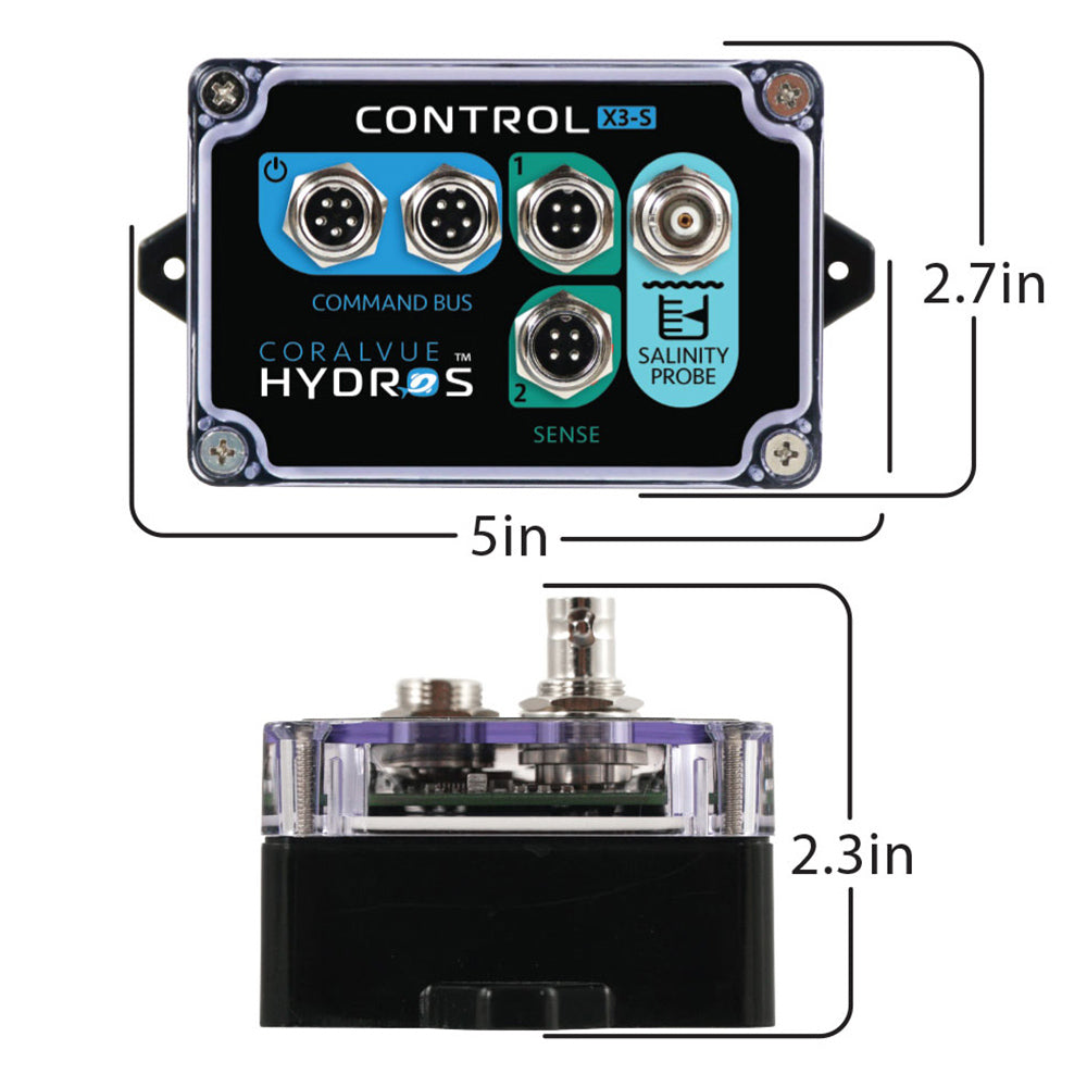 Hydros Control X3-Salinity Controller width, height, and depth dimensions.