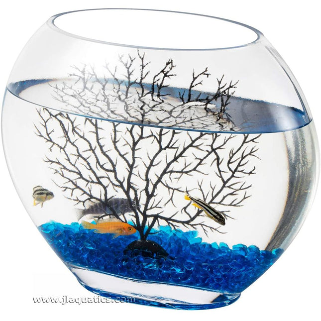 Hygger Glass Fish Bowl example image of the glass bowl set up with tree decoration and glass beads that are included with this product.