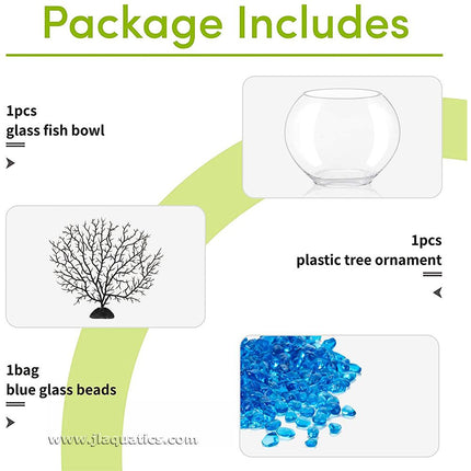 Hygger Glass Fish Bowl package includes 1 plastic tree ornament, and 1 bag of blue glass beads.