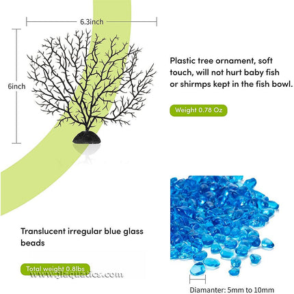 Hygger Glass Fish Bowl product image showing dimensions of the plastic tree and diameter of the glass beads included.