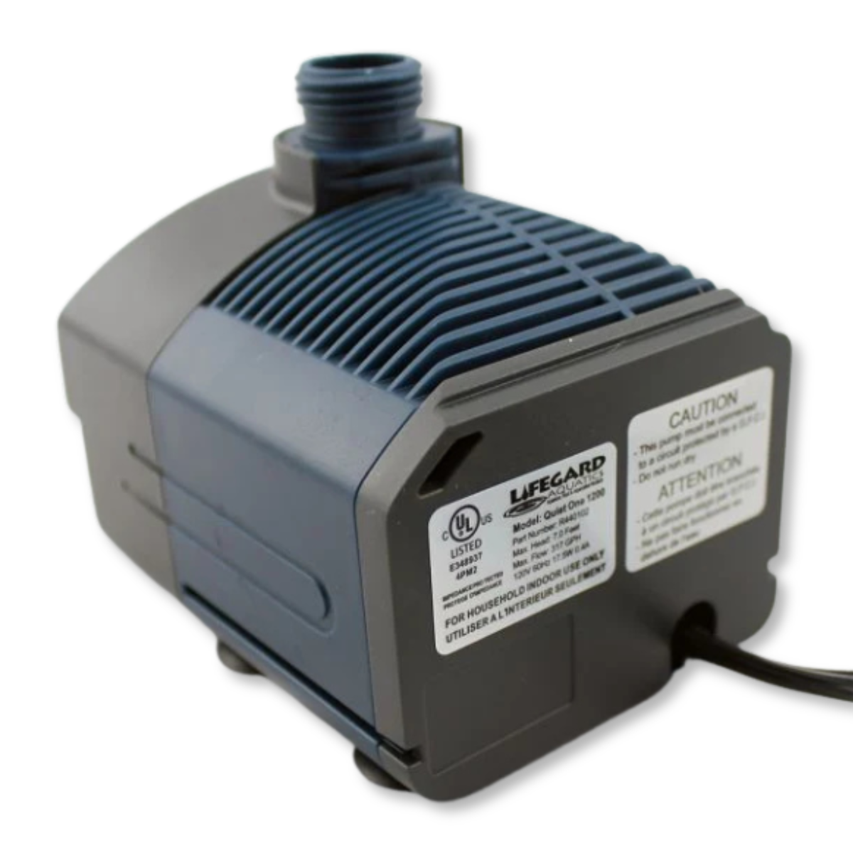 Lifegard Aquatics Quiet One Pro 1200 Water Pump back view featuring specs
