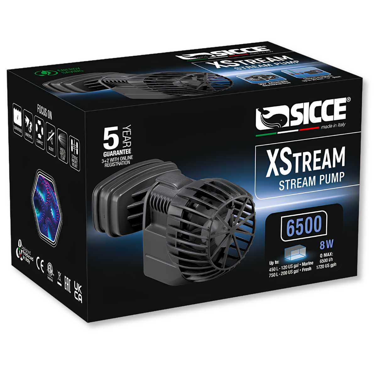 Sicce XStream 6500 Water Pump -1720GPH packaging with features  dimensions