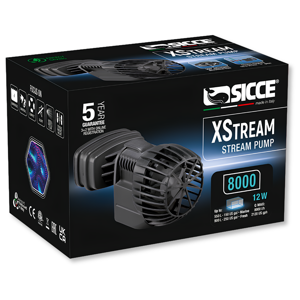 Sicce XStream 8000 Water Pump - 2120GPH packaging with features & dimensions