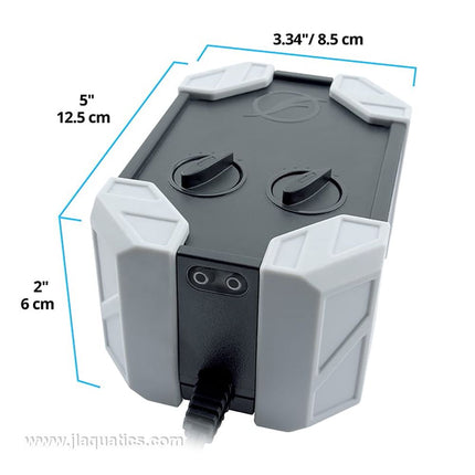 Fluval A202 Air Pump close-up with dimensions of the hagen air pump