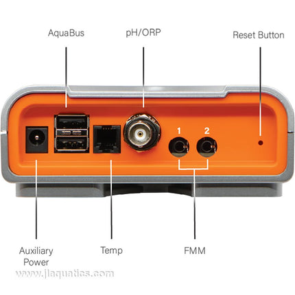 Neptune Apex Junior base unit view of ports for FMM and probes for aquariums.
