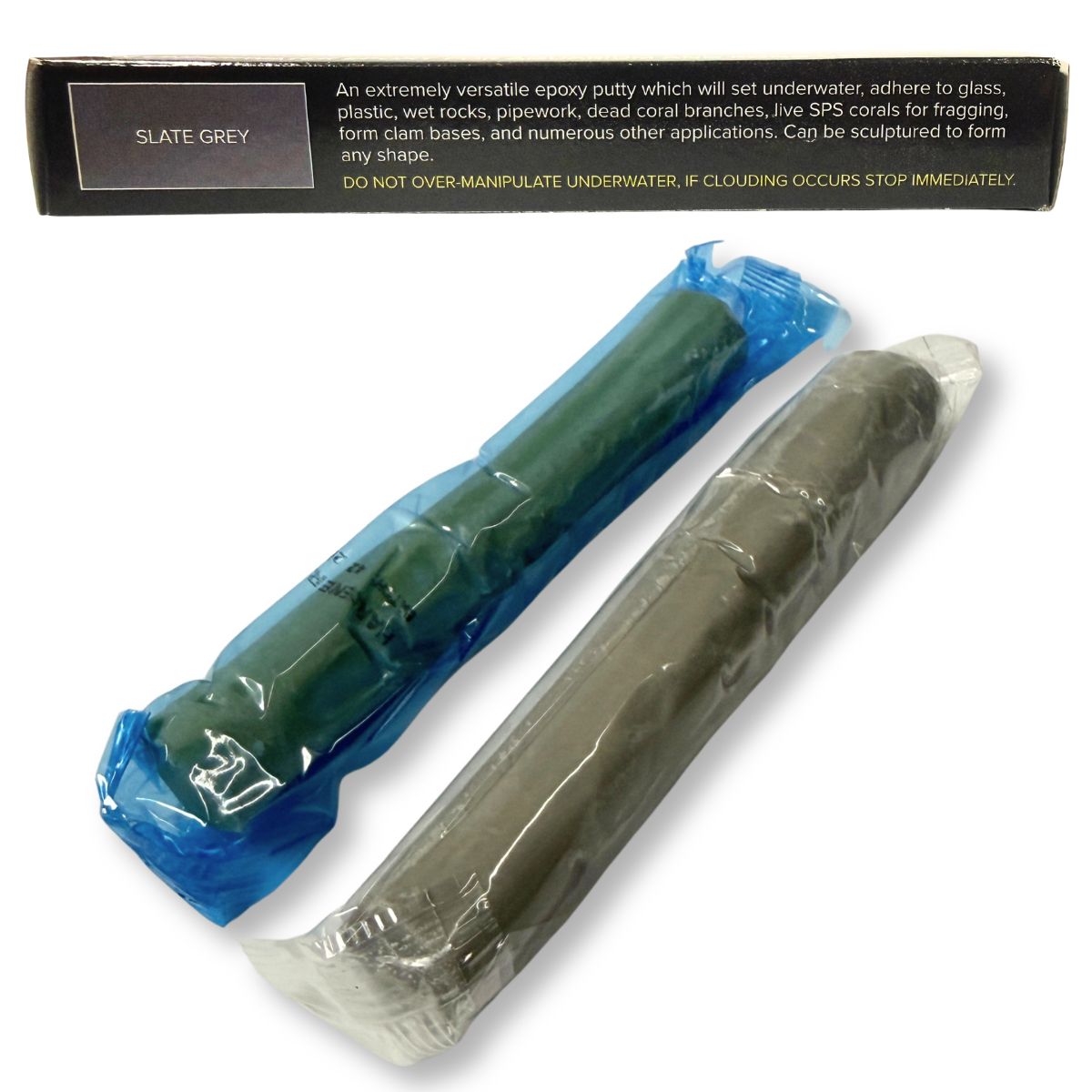 Aquascape Construction Epoxy - Slate Grey features and benefits, with close-up of material