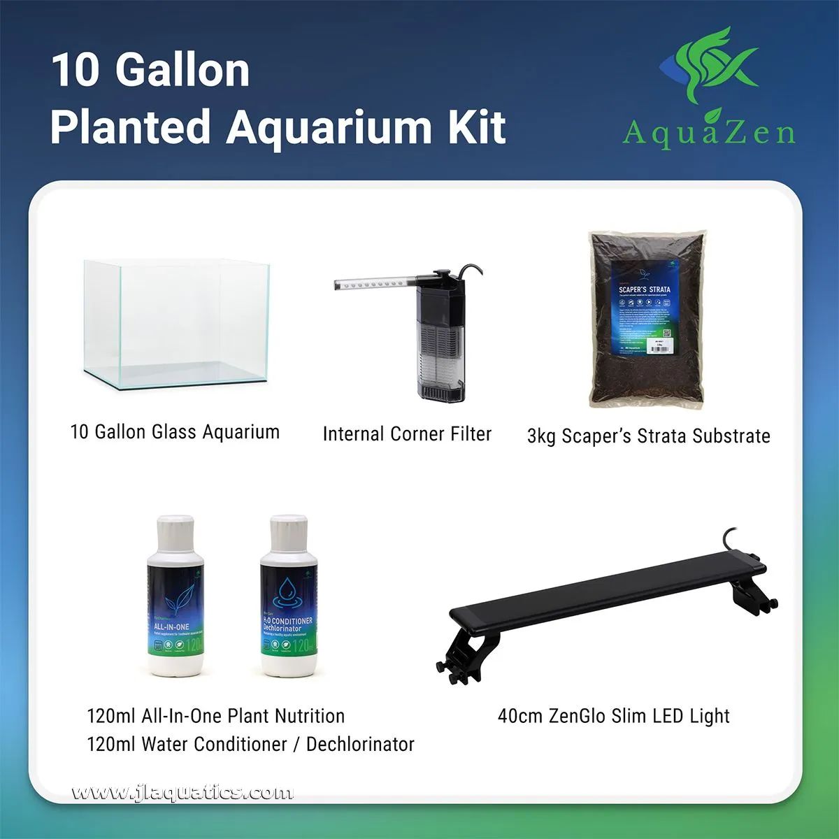 AquaZen 10 Gallon Scapers Kit Complete Aquarium products included: 10 gallon aquarium, internal corner filter, substrate, water additives, and LED light