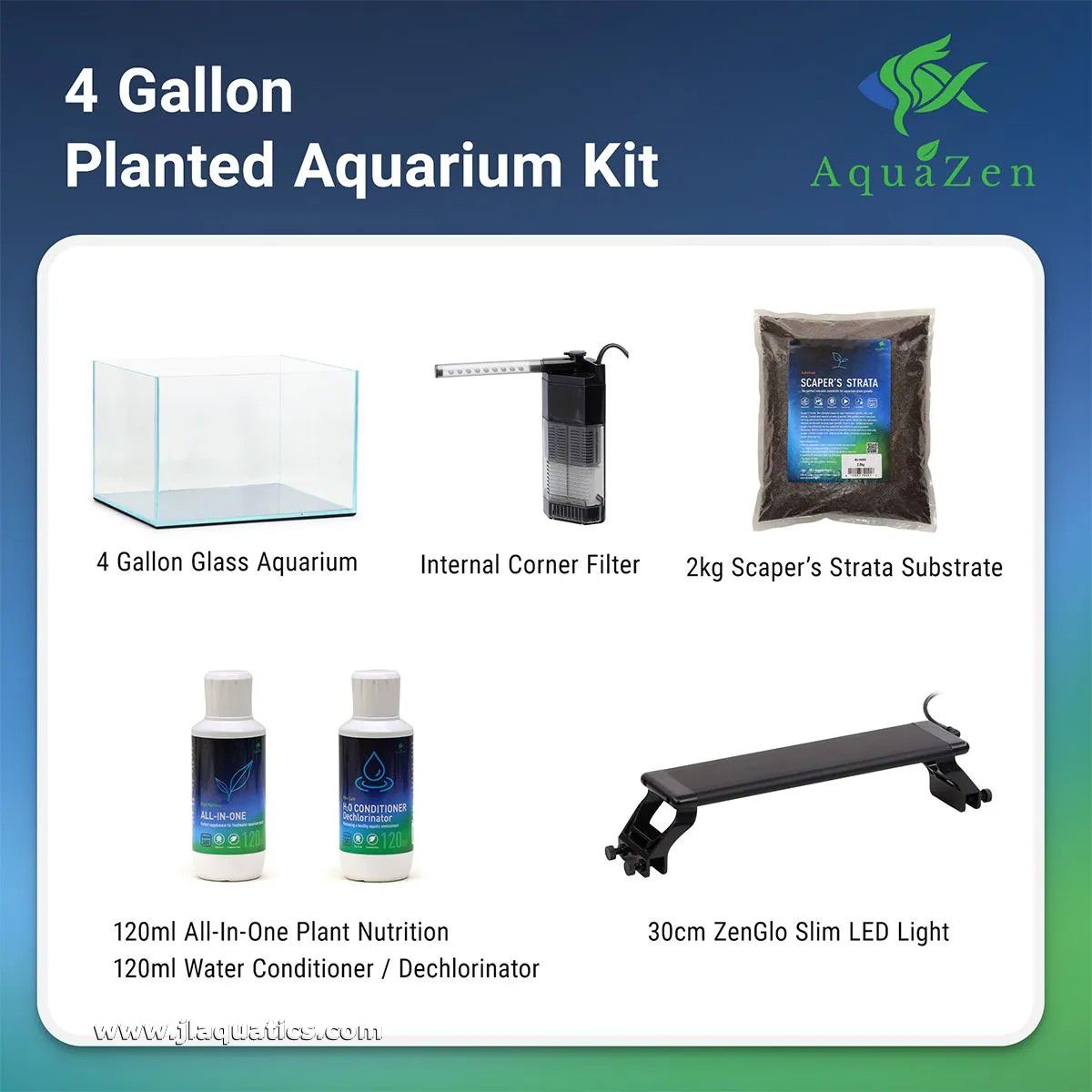 AquaZen 4 Gallon Scapers Kit Complete Aquarium products included: tank, filter, additives, substrate, and LED light