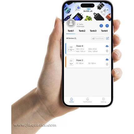 AutoAqua Smart Doser 2 control dashboard being used on a cell phone.