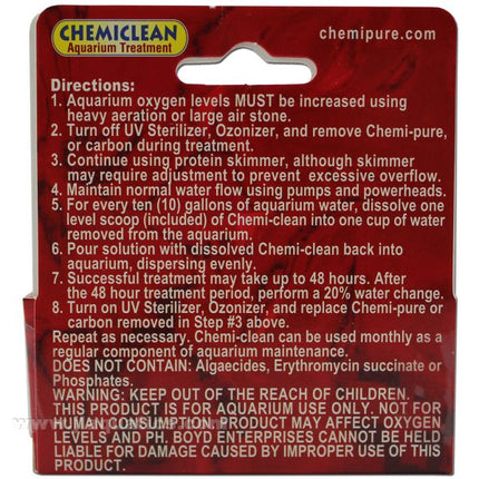 Boyd Chemi-Clean large size for controlling the algae in larger aquariums - showing directions for use