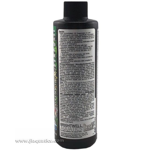 Side of the bottle of Brightwell Aquatics MicroBacter Start XLF - 250ml with product overview