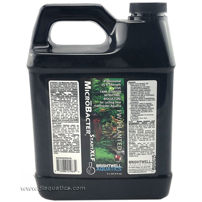 Front of the bottle of the Brightwell Aquatics MicroBacter Start XLF - 2 Liter with product overview and instructions