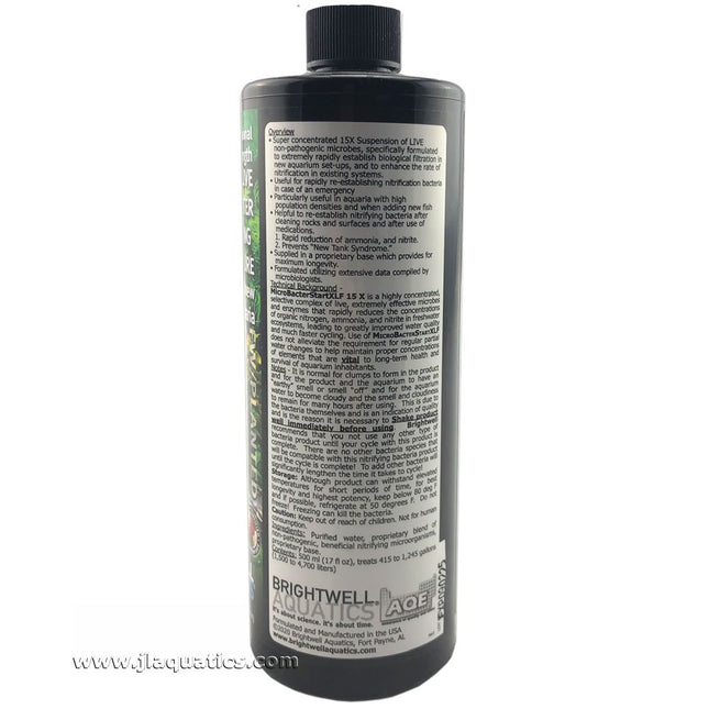 Side of the bottle of the Brightwell Aquatics MicroBacter Start XLF - 500 ml with product overview