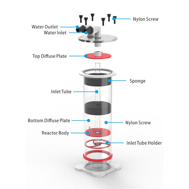 Bubble Magus Media Reactor - MR100 expanded view showing all parts and components of this aquarium filter