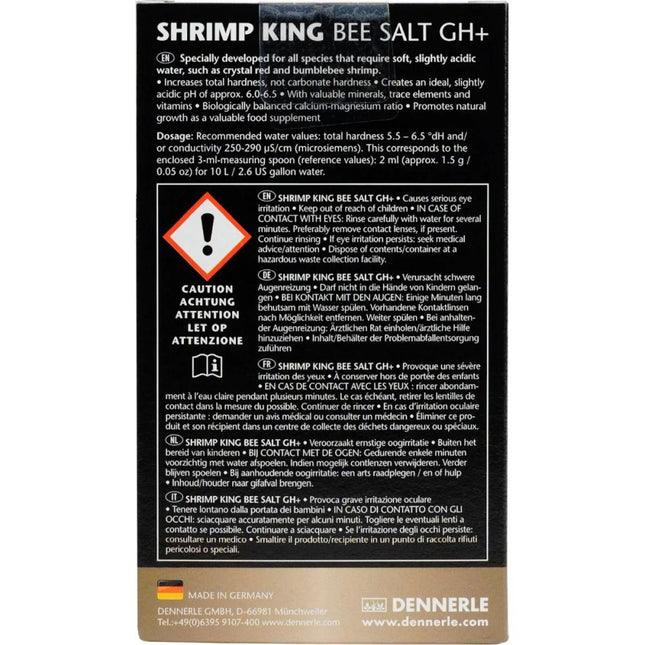 Dennerle Shrimp King Bee Salt GH+ dosing and features of this aquarium salt for shrimp