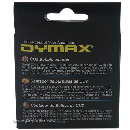 Back of the packaging of the Dymax CO2 Bubble Counter