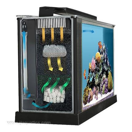 Fluval Sea EVO Aquarium Kit - 5 Gallon end view showing aquarium filtration.