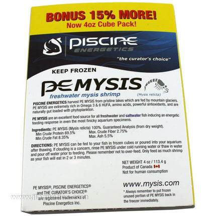 PE Mysis Shrimp Cubes ingredients and instructions on feeding to aquarium fish.