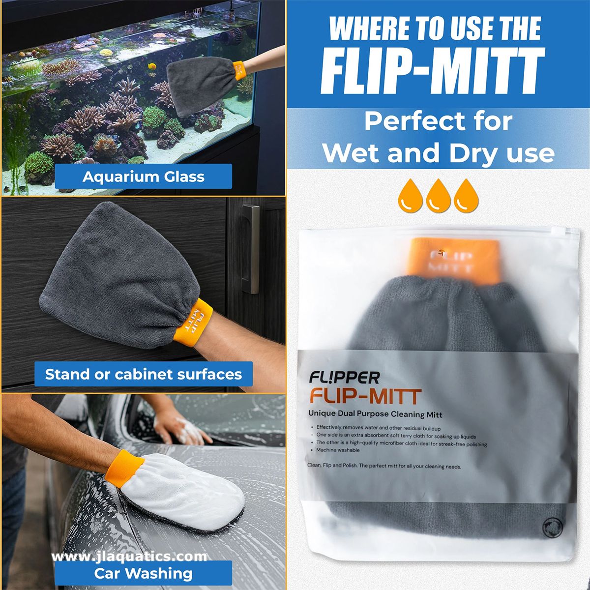 Where the Flipper 2-in-1 Microfiber Cleaning Mitt can be used, including aquarium glass 
