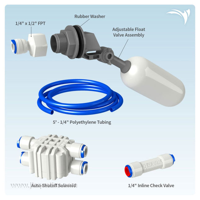 Aquatic Life Float Valve and Solenoid Kit overview with labels