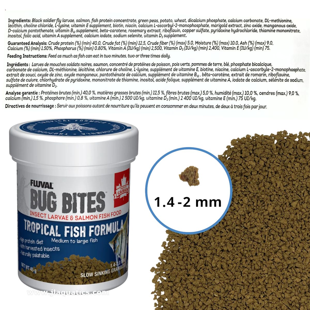 Fluval Bug Bites - Medium-Large Tropical Fish Formula - 45g ingredients, nutrition, instructions, and size chart
