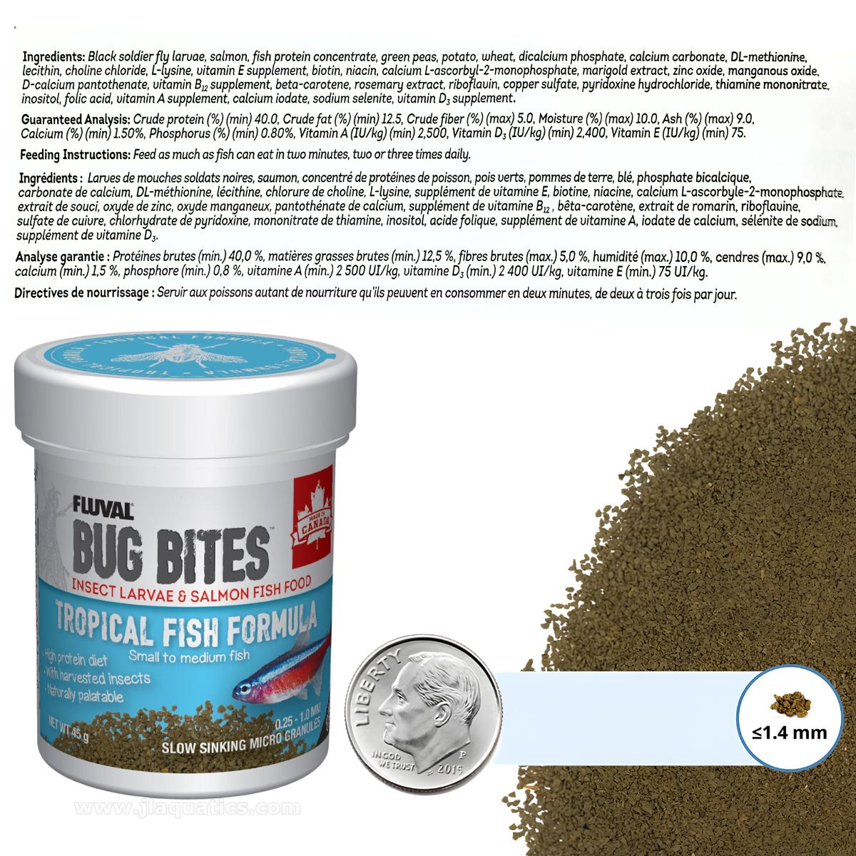 Fluval Bug Bites - Small-Medium Tropical Fish Formula - 45g ingredients, nutrition, instructions, and size chart