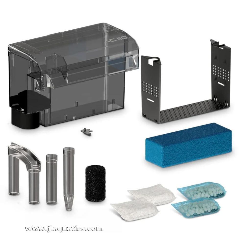 Fluval AquaClear 110 Power Filter disassembled and showing what is included with this aquarium water filter.