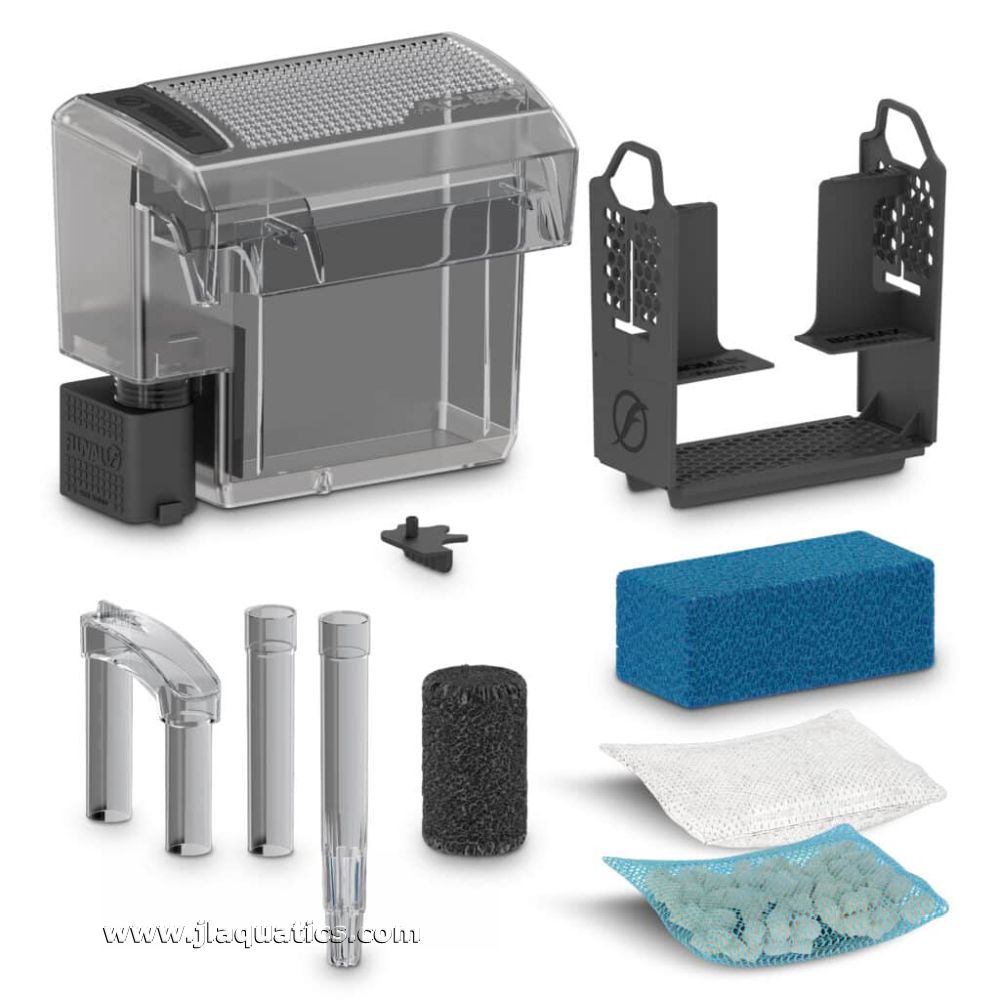 Fluval AquaClear 50 Power Filter disassembled and showing what is included with this aquarium water filter.