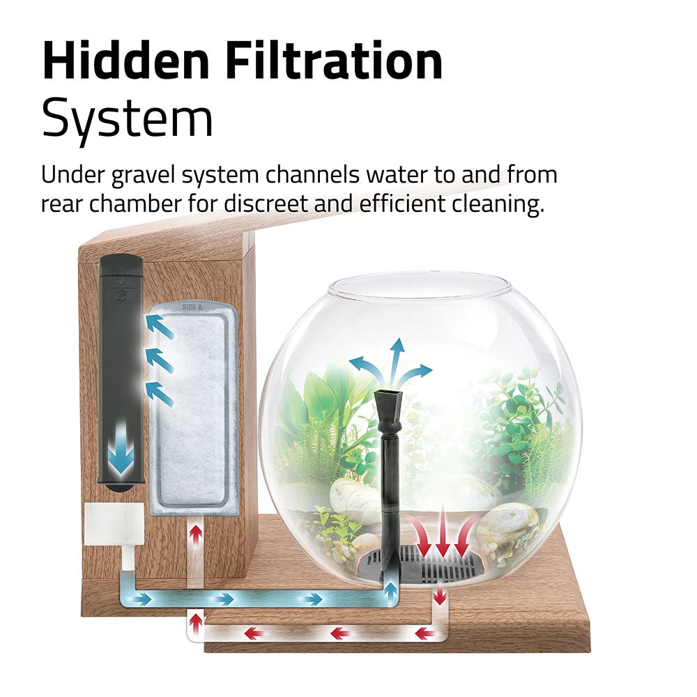 The Fluval LIV Microscaping Aquarium Kit includes a hidden filtration system that channels water through gravel for discreet cleaning