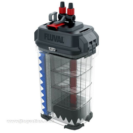 Hagen Fluval 407 Canister Filter internal filter view showing filter media baskets and large capacity for aquarium filtration.