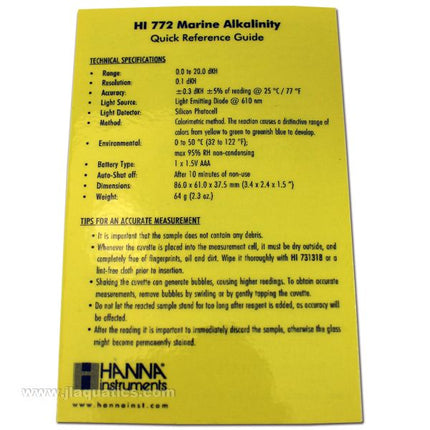 Hanna Alkalinity (dKH) Checker quick reference guide