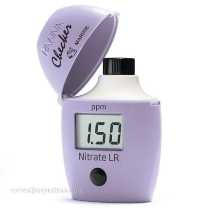 Hanna Low Range Nitrate Checker testing aquarium water with lid open and lcd display showing testing result