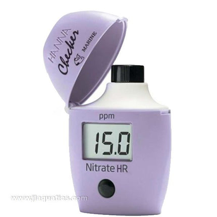 Hanna Nitrate Checker with lid open testing aquarium water and lcd testing result readout