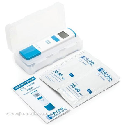 Hanna Marine Salinity Tester package contents with calibration solution and manual